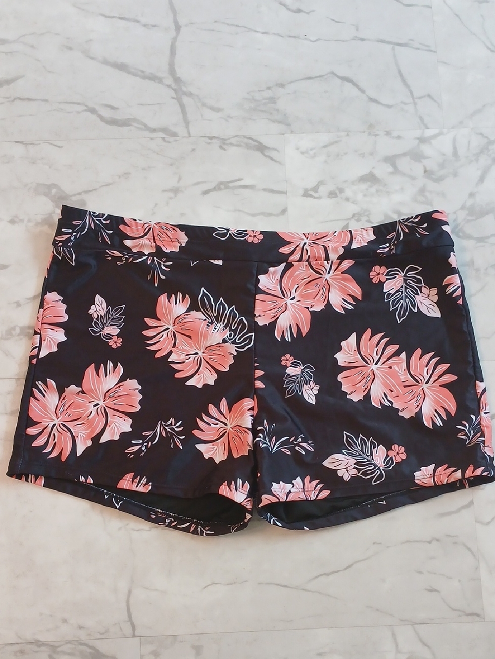 Holipick Black Floral Swim Shorts with Pink Hibiscus Print 22W